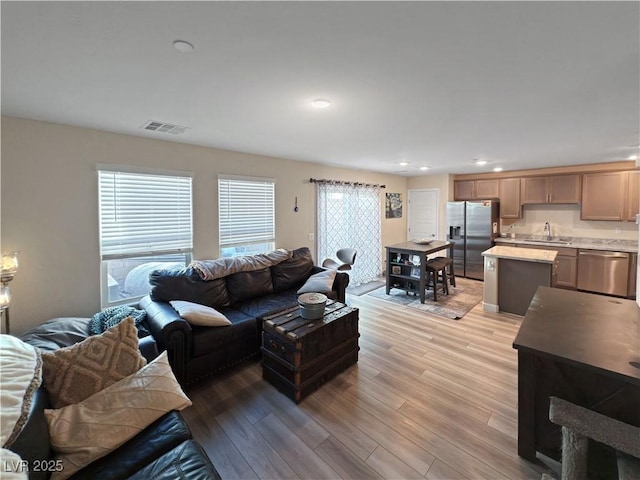 living room featuring sink and light wood-type flooring