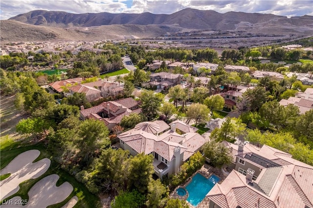 birds eye view of property featuring a mountain view