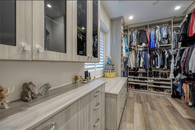 walk in closet featuring light hardwood / wood-style flooring