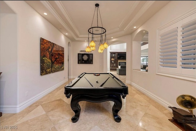 rec room with a raised ceiling, ornamental molding, and pool table