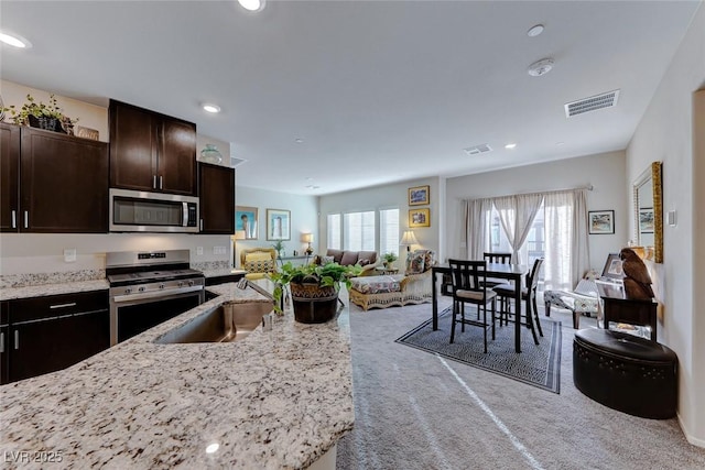 kitchen featuring dark brown cabinetry, a wealth of natural light, sink, and appliances with stainless steel finishes