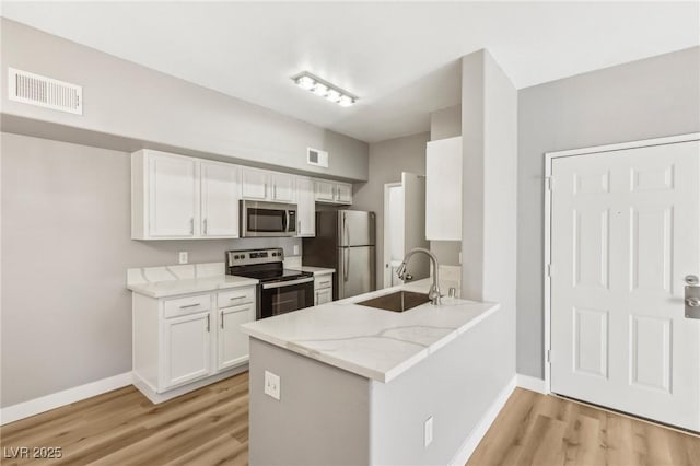 kitchen featuring appliances with stainless steel finishes, a sink, visible vents, and white cabinets