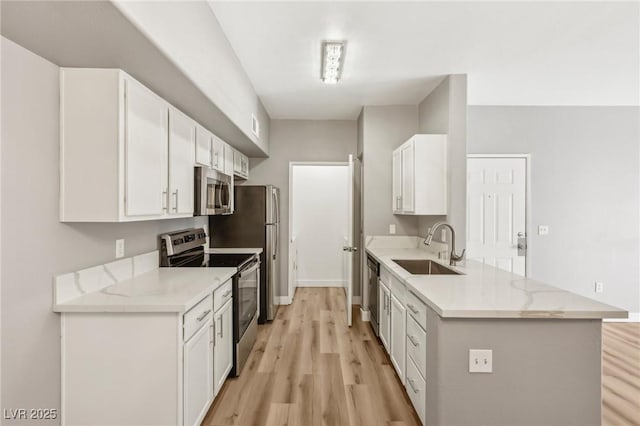 kitchen featuring stainless steel appliances, light wood-style floors, a sink, and a peninsula