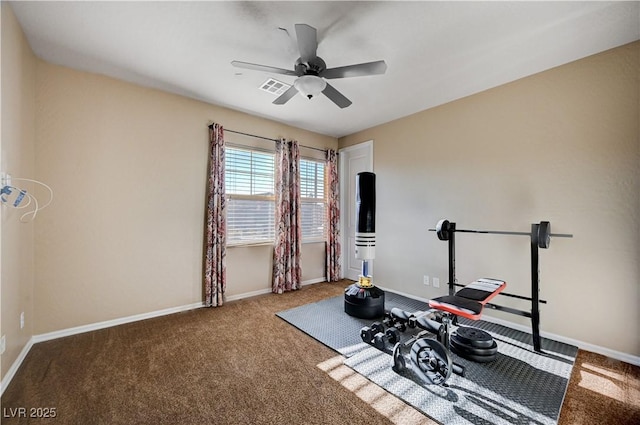 workout area with carpet floors and ceiling fan