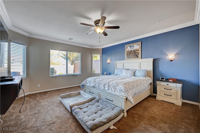 bedroom with carpet flooring, ceiling fan, and crown molding