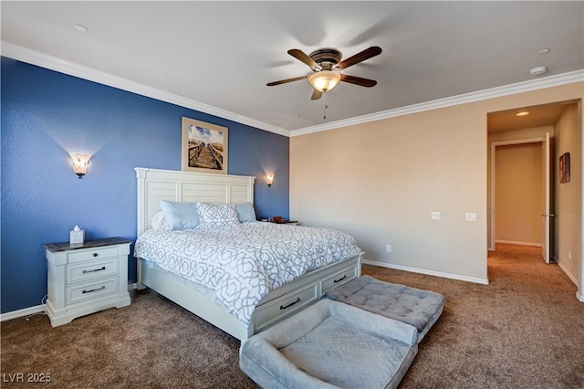 bedroom featuring dark colored carpet, ceiling fan, and ornamental molding