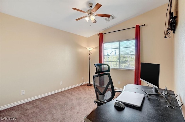 home office featuring ceiling fan, carpet, and lofted ceiling