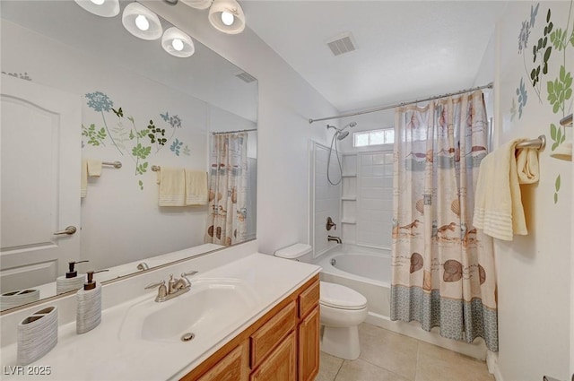 full bathroom featuring toilet, tile patterned floors, vanity, and shower / tub combo with curtain