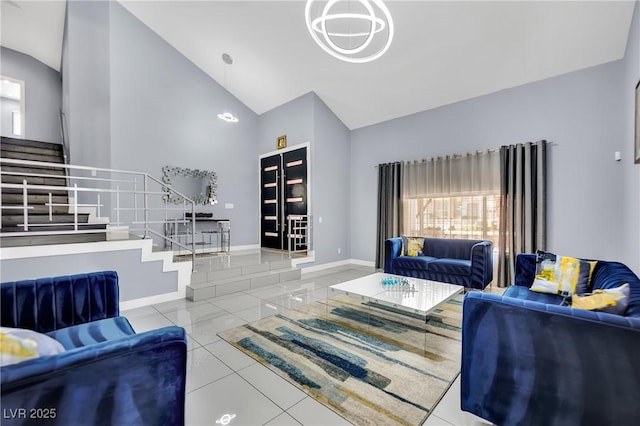 tiled living room featuring vaulted ceiling