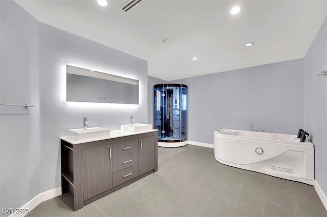 bathroom featuring separate shower and tub and vanity