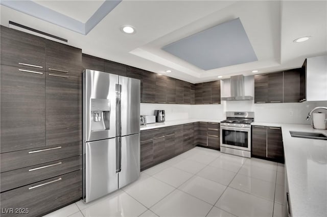 kitchen with a raised ceiling, sink, wall chimney exhaust hood, and appliances with stainless steel finishes