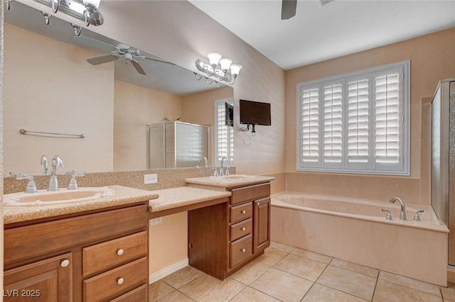 bathroom with tile patterned flooring, vanity, separate shower and tub, and ceiling fan