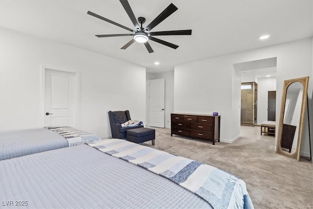 carpeted bedroom featuring ceiling fan