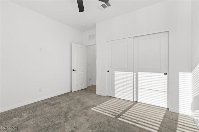 unfurnished bedroom with light carpet, a closet, and ceiling fan