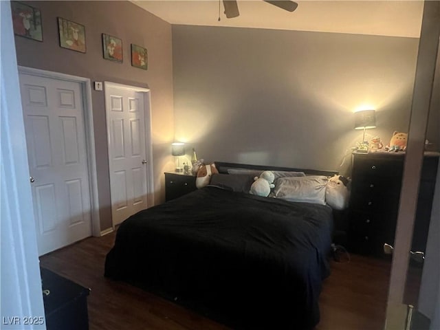 bedroom with a ceiling fan and wood finished floors