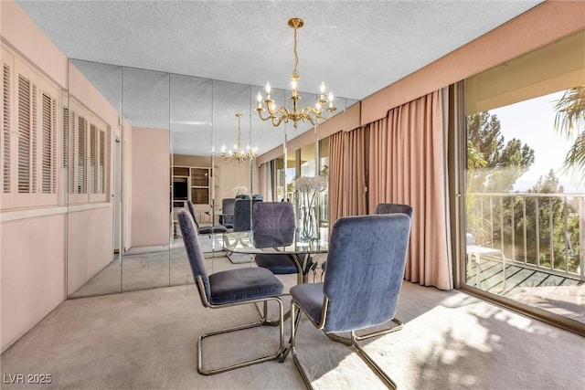 carpeted dining space with a textured ceiling and a chandelier