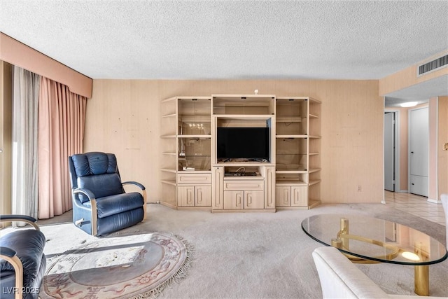 carpeted living room featuring a textured ceiling