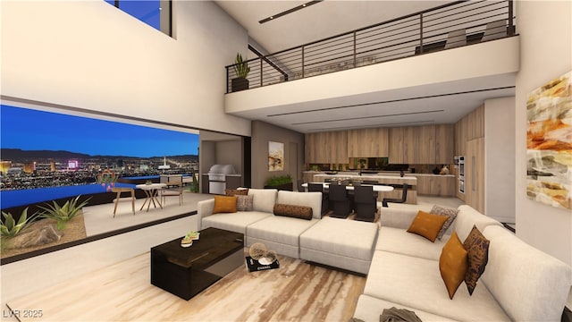 living room with a high ceiling and wood walls