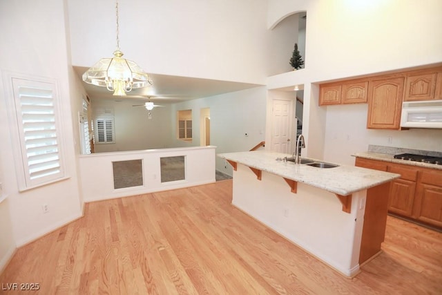 kitchen featuring black gas stovetop, light hardwood / wood-style floors, pendant lighting, sink, and ceiling fan with notable chandelier