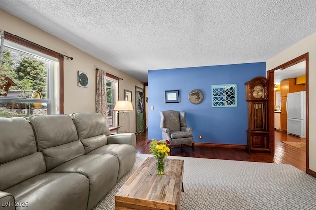 living room featuring hardwood / wood-style floors and a textured ceiling