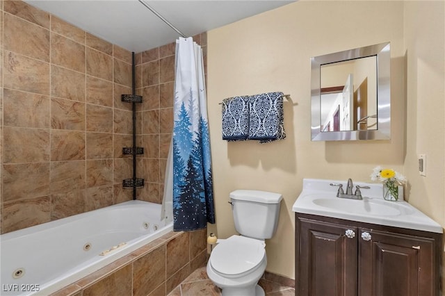 full bathroom with shower / bath combo, vanity, and toilet