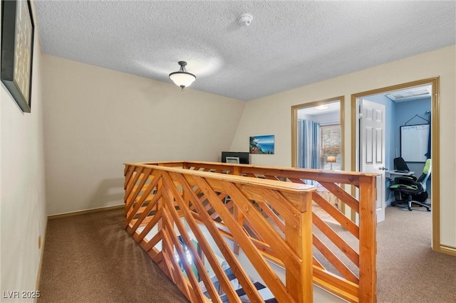 interior space featuring carpet and a textured ceiling