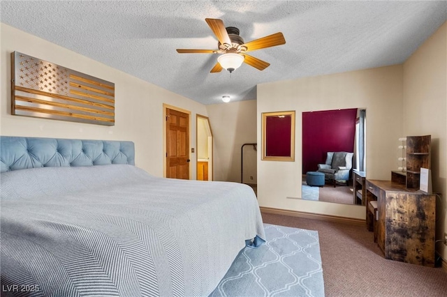 bedroom featuring carpet flooring, ceiling fan, and a textured ceiling