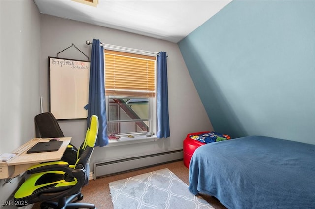 carpeted bedroom featuring lofted ceiling and a baseboard radiator