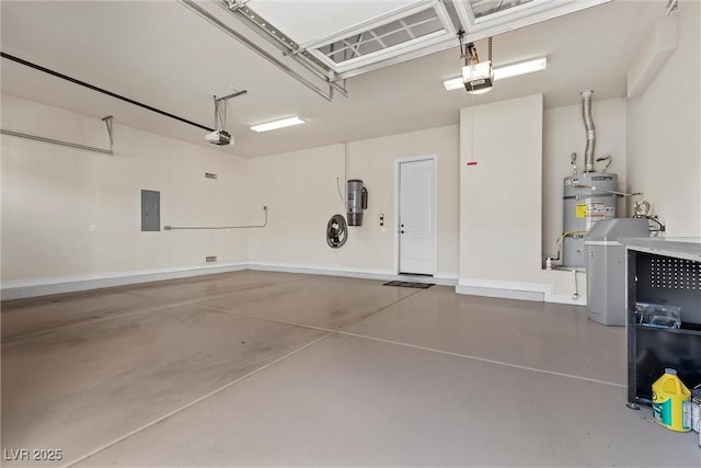 garage featuring electric panel, water heater, baseboards, and a garage door opener