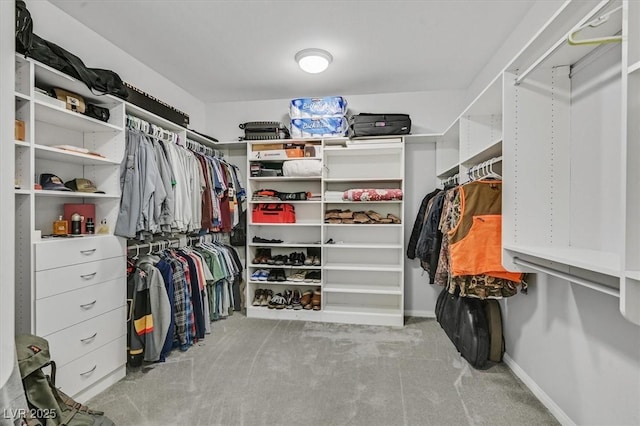 walk in closet featuring light carpet