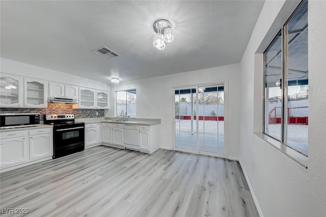 kitchen with white dishwasher, decorative backsplash, black electric range oven, and white cabinetry