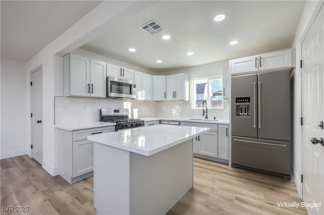 kitchen with stainless steel appliances, white cabinets, a center island, and sink