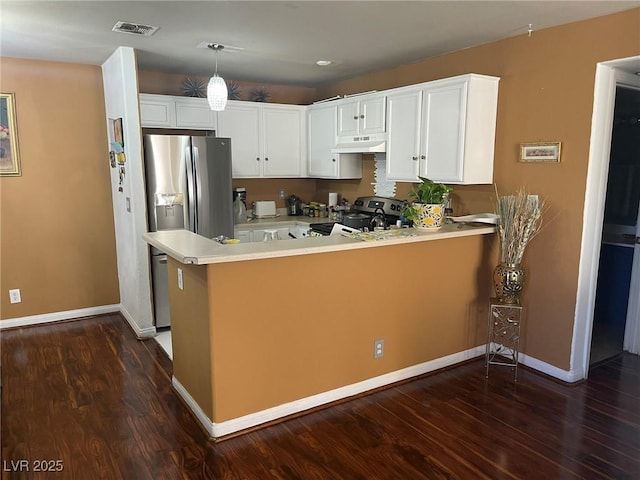 kitchen with kitchen peninsula, white cabinetry, stainless steel appliances, and custom range hood