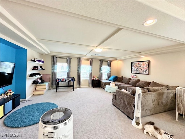 living room featuring carpet flooring, coffered ceiling, and beam ceiling