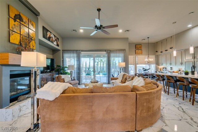 living room with ceiling fan