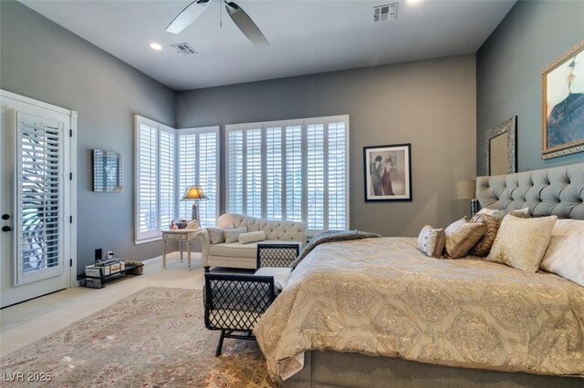 bedroom featuring access to outside and ceiling fan