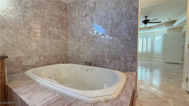 bathroom featuring tiled bath, ceiling fan, vanity, and tile walls