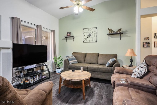 living room featuring lofted ceiling, ceiling fan, and dark hardwood / wood-style floors