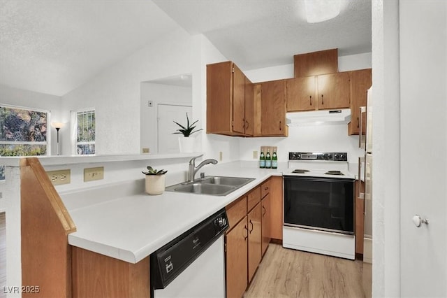 kitchen featuring kitchen peninsula, dishwashing machine, sink, white electric stove, and lofted ceiling