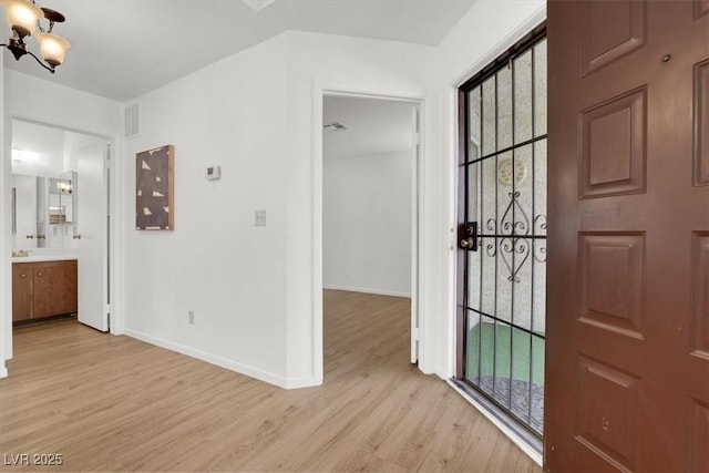 foyer entrance with light wood-type flooring and sink