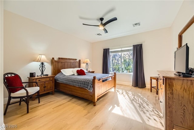 bedroom featuring ceiling fan and light wood-type flooring