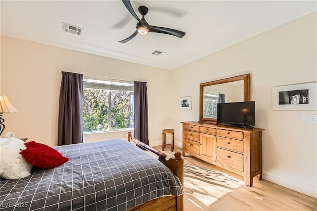 bedroom featuring ceiling fan and light wood-type flooring