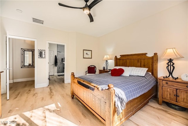 bedroom featuring light wood-type flooring and ceiling fan