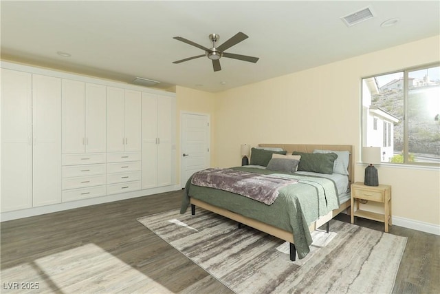 bedroom with a closet, ceiling fan, and dark wood-type flooring