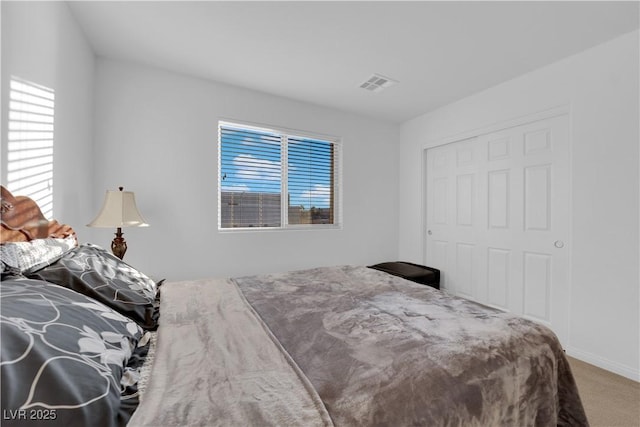 bedroom with carpet flooring and a closet