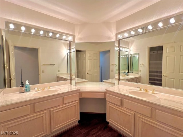 bathroom with curtained shower, vanity, and wood-type flooring