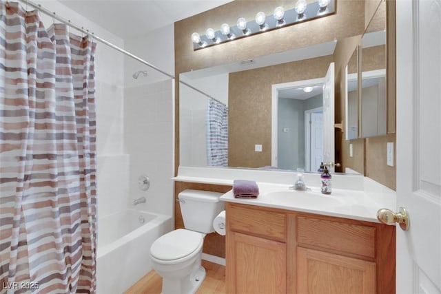 full bathroom with wood-type flooring, toilet, vanity, and shower / bath combination with curtain