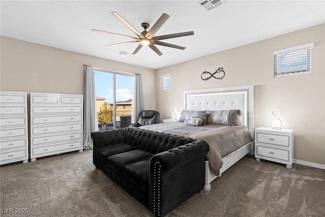 carpeted bedroom featuring access to exterior and ceiling fan