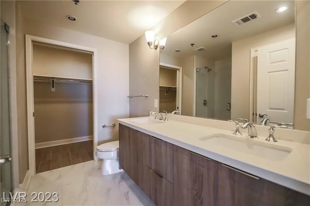 bathroom with vanity, toilet, and a shower with shower door