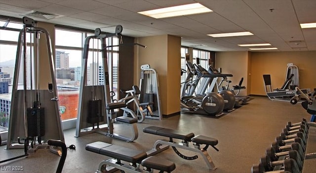 workout area featuring a drop ceiling and expansive windows